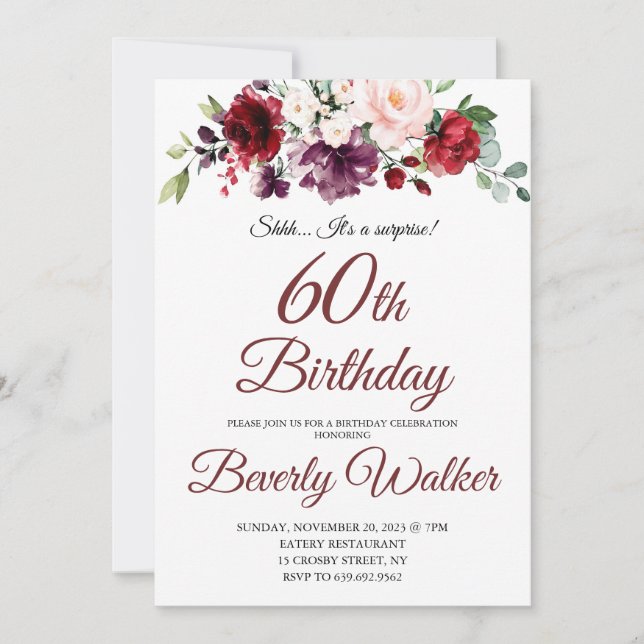 Burgundy Watercolor Floral 60th Surprise Birthday  Invitation (Front)