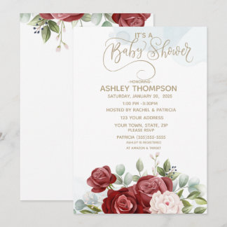 Burgundy Watercolor Floral Baby Shower     Invitation