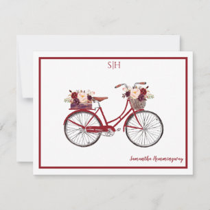 Burgundy Watercolor Floral Bicycle Monogram Name Card
