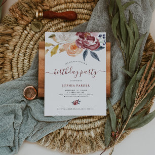 Burgundy Watercolor Floral   Birthday Party Invitation
