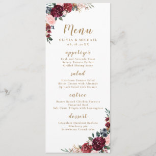 Burgundy watercolor floral boho wedding menu