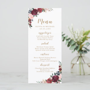 Burgundy watercolor floral boho wedding menu