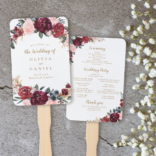Burgundy watercolor floral boho wedding program hand fan