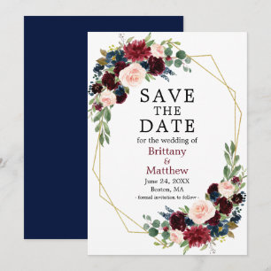 Burgundy Watercolor Floral Geo Frame Blue Save The Date