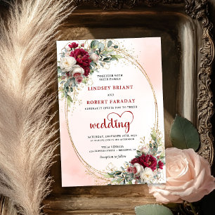 Burgundy Watercolor Floral Gold Wedding Invitation