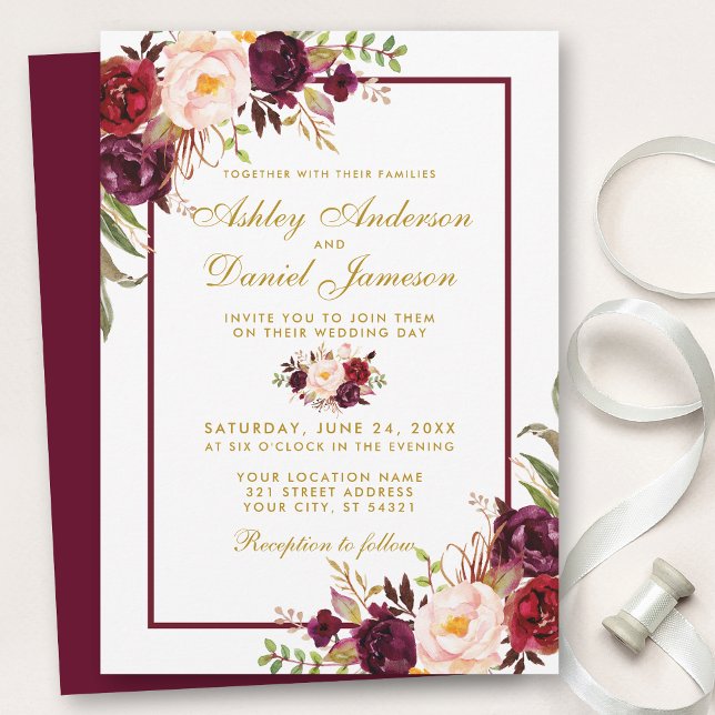Burgundy Watercolor Floral Gold Wedding Invite BGB (Customize to change text color, style, add text & photos to back or change color of back of card.)