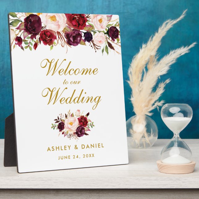 Burgundy Watercolor Floral Gold Wedding Welcome Plaque (Side)