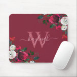 Burgundy Watercolor Floral Name Monogrammed Mouse Pad<br><div class="desc">Burgundy watercolor botanical peony rose floral on bordo personalized monogrammed Mouse Pad. Burgundy, marsala, white watercolor peony roses, botanical floral design with dark green leaves and berries on burgundy, bordo, or wine red background. Feature an elegant swirly handwritten typography design with your name, monogram and pretty burgundy, white peony roses...</div>