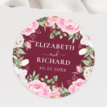 Burgundy Watercolor Floral Peony Elegant Wedding Classic Round Sticker<br><div class="desc">An elegant floral wedding sticker,  featuring pink watercolor flowers on a burgundy red background.</div>