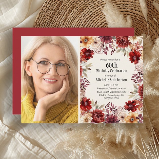 Burgundy Watercolor Floral Photo 60th Birthday Invitation (Burgundy, cream, and rust-colored watercolor floral photo birthday invitation )