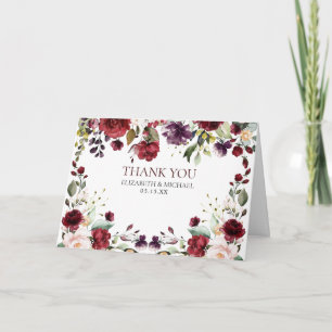 Burgundy Watercolor Floral Photo Thank You Wedding Card