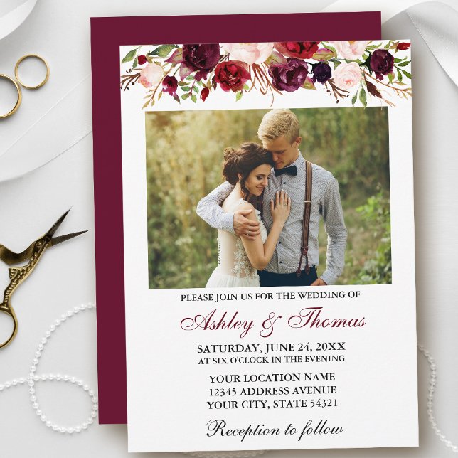 Burgundy Watercolor Floral Photo Wedding Invitation (Customize to change text color, size, style or to change color of back of card.)