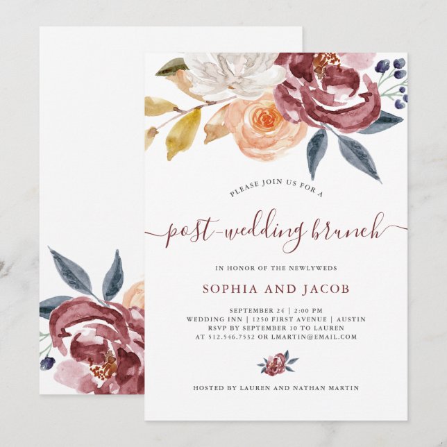 Burgundy Watercolor Floral | Post-Wedding Brunch Invitation (Front/Back)