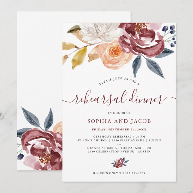 Burgundy Watercolor Floral | Rehearsal Dinner Invitation (Front/Back)
