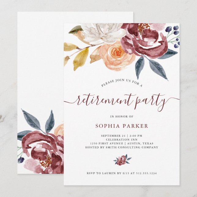 Burgundy Watercolor Floral | Retirement Party Invitation (Front/Back)