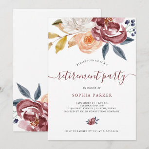 Burgundy Watercolor Floral Retirement Party Invitation