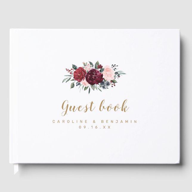 Burgundy watercolor floral rustic boho wedding guest book (Front)