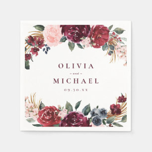 Burgundy watercolor floral rustic boho wedding napkin