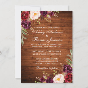 Burgundy Watercolor Floral Rustic Wood Wedding Invitation