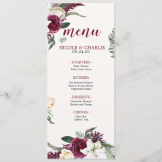 Burgundy Watercolor | Floral Wedding Dinner Menu