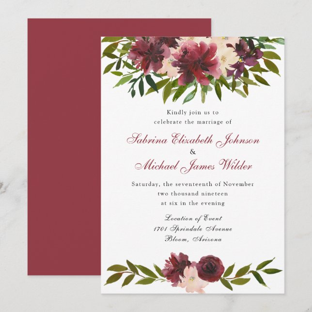 Burgundy Watercolor Floral Wedding Invitation (Front/Back)