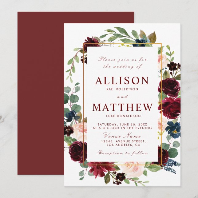 burgundy watercolor floral wedding invitation (Front/Back)