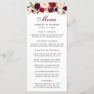 Burgundy Watercolor Floral Wedding Menu