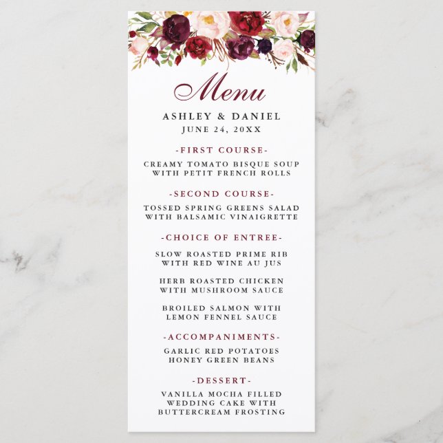 Burgundy Watercolor Floral Wedding Menu (Front)