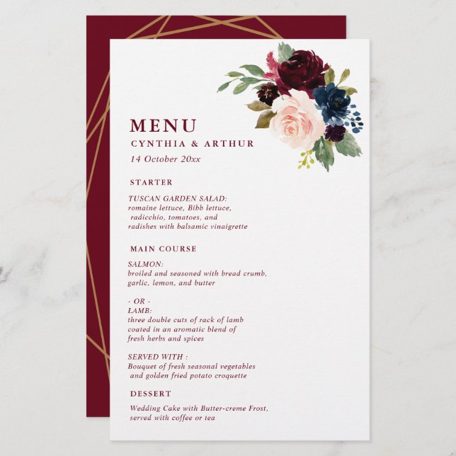 burgundy watercolor floral wedding menu (Front/Back)
