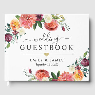 Burgundy Watercolor Floral Wedding Monogram Guest Book