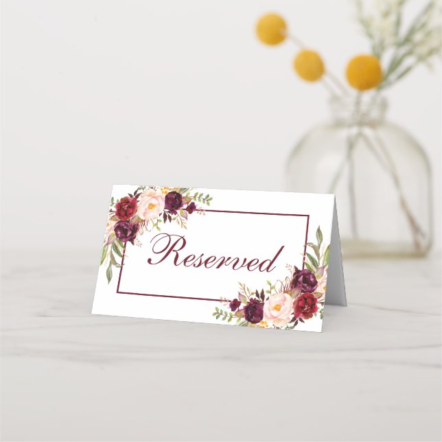 Burgundy Watercolor Floral Wedding Reserved Place Card (Front)