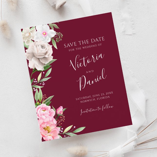 Burgundy Watercolor Floral Wedding Save The Date (Creator Uploaded)