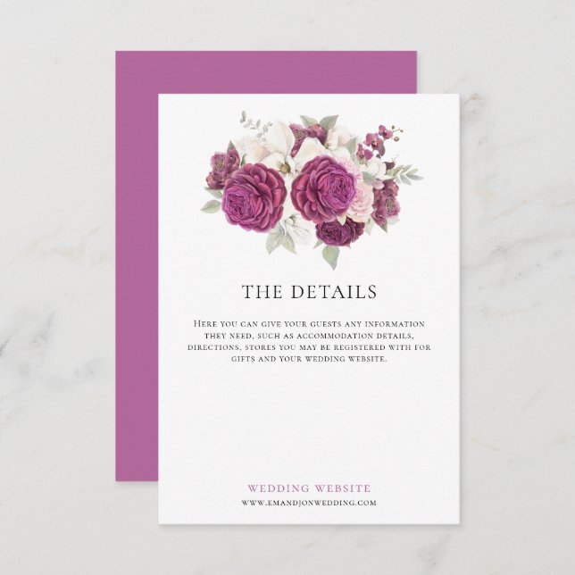 Burgundy Watercolor Florals Wedding Details Enclosure Card (Front/Back)