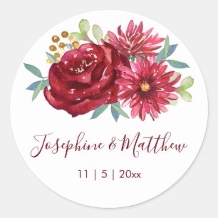 Burgundy Watercolor Flower Wedding Classic Round Sticker