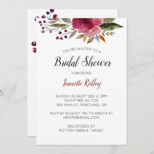 Burgundy Watercolor Flowers Bridal Shower Invitation