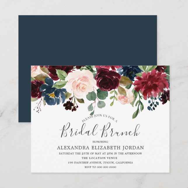 Burgundy Watercolor Flowers Fall Bridal Shower Invitation (Front/Back)