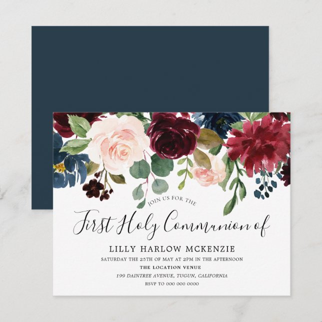 Burgundy Watercolor Flowers First Holy Communion Invitation (Front/Back)
