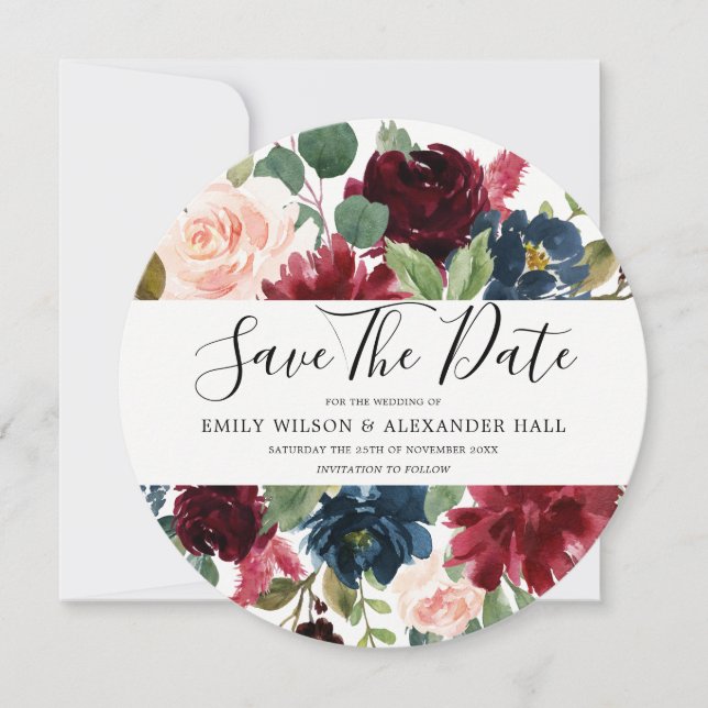 Burgundy Watercolor Flowers Modern Wedding Save The Date (Front)