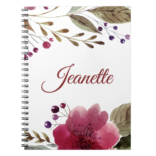 Burgundy Watercolor Flowers Monogrammed Notebook (Front)