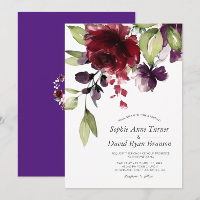 Burgundy Watercolor Flowers Royal Purple Wedding Invitation (Front/Back)