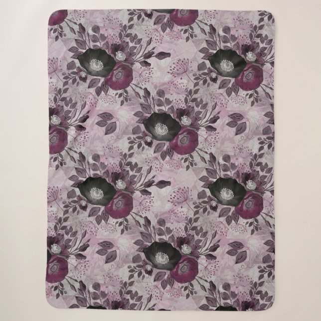 Burgundy watercolor flowers.  sherpa blanket (Front)