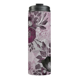 Burgundy watercolor flowers. thermal tumbler