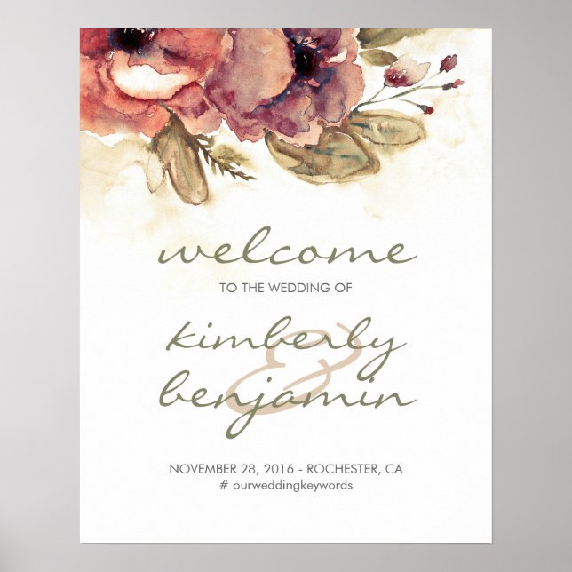 Burgundy Watercolor Flowers Wedding Welcome Sign (Front)