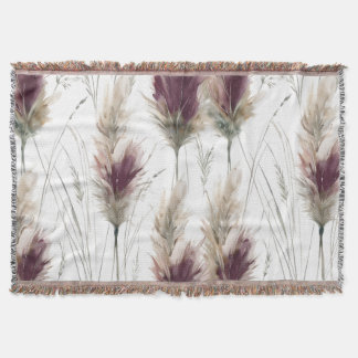 Burgundy Watercolor Fluffy Grasses Throw Blanket