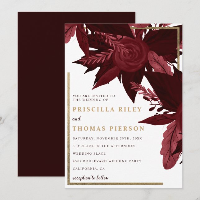 Burgundy watercolor gold fall floral wedding invitation (Front/Back)