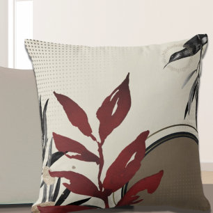 Burgundy Watercolor Leaves Ivory Throw Pillow