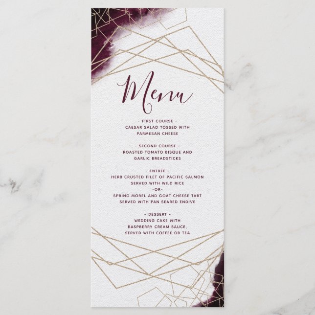 Burgundy Watercolor Menu Mariage géométrique (Devant)