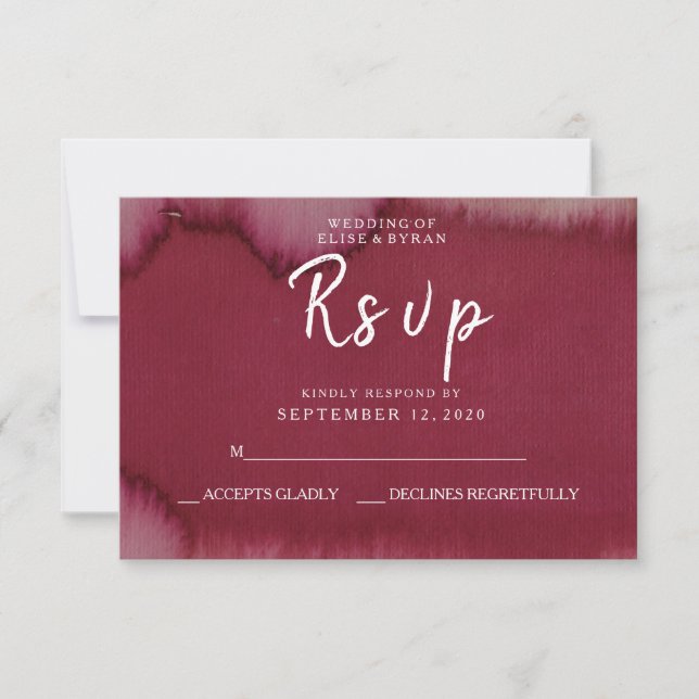 Burgundy Watercolor Paint Splash Wedding RSVP Card (Front)