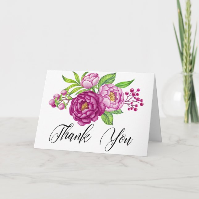 Burgundy Watercolor Peonies Wedding Thank You (Front)
