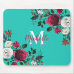 Burgundy Watercolor Peony Rose Floral  Monogrammed Mouse Pad<br><div class="desc">Burgundy watercolor botanical peony rose floral girly Mouse Pad. Burgundy, marsala, white watercolor peony roses, botanical floral chich design with dark green leaves and berries on aqua or turquoise background. Feature an elegant handwritten typography design with your name, Monogram and pretty fall, winter burgundy peony roses bouquet. Perfect choise for...</div>